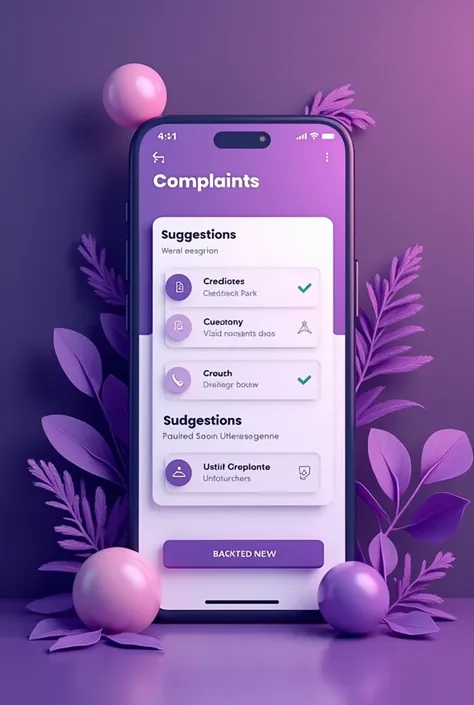  Make me an image of an application showing the dassboard of the application that will be for users to file a complaint, Suggestions, I want the app to have the home screen in a purple tone 
