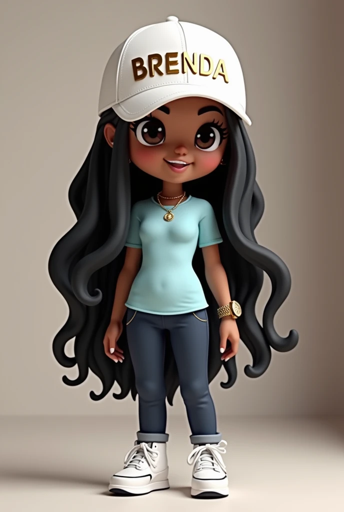 3D rendering of a chibi style female character, Tiffany, is a dark skinned Latina with long black hair. She wears a white cap with her name BRENDA inscribed in metallic gold. She is dressed in the latest fashion, with a light blue t-shirt, dark blue pants,...