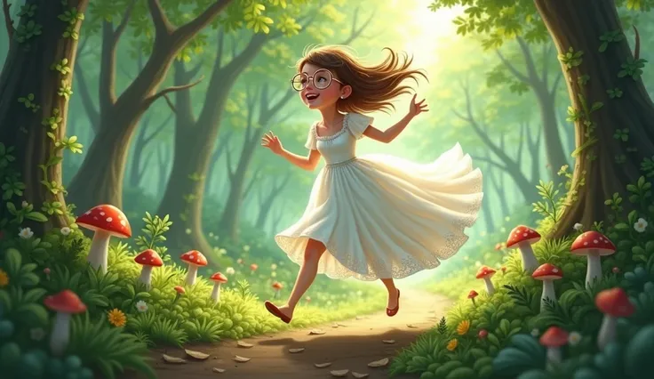 A girl with broken hair wearing glasses is happily running in the forest in a white wedding dress， illustration style 