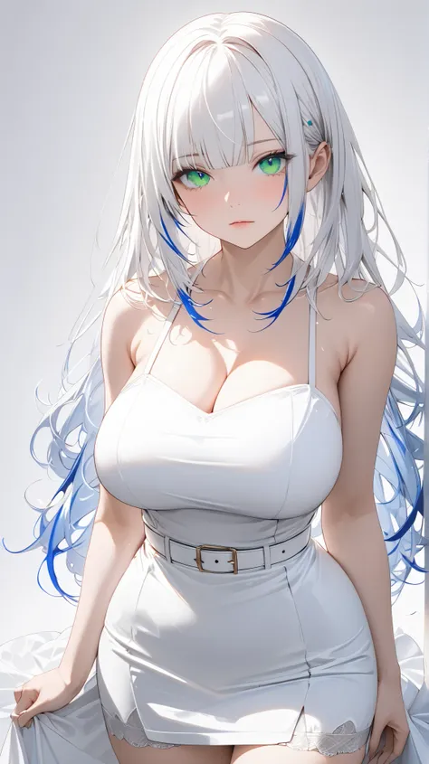 Full body display, face details,semi realistic, Masterpiece, Master work, perfect , 4k, 1woman, big size breast, straight shoulder-length hair, flat Bangs hair style, white colored hair, (((blue streaks - white hair))), bright green eyes, no expression fac...