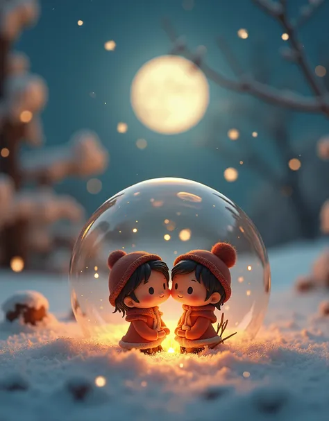 cute miniature couple inside big glass tube, warm with tiny fire, outside full of snowy, night time, bright moon