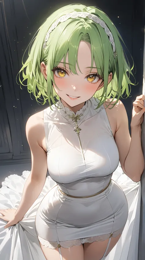 full body display ,semi realistic, Masterpiece, Master work, perfect , 4k, 1girl, young girl, mature body, medium size breast, short hair, middle parted hair style, showing forehead, wearing headband, neon green colored hair, yellow eyes, happy expression ...