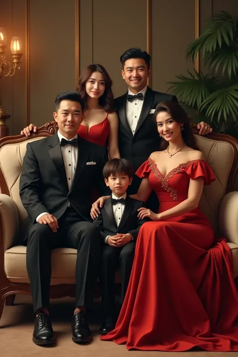 A 47-year-old man wears a black suit , a 40-year-old woman wearing a red dress  , a  male wearing a black suit , a fat  boy wears a black suit , a  girl wearing a red dress ,sitting on a sofa chair  , living room background  