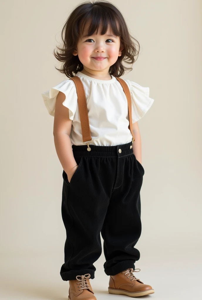 2years old girl wearing corduroy pants in full body angle black color pants 