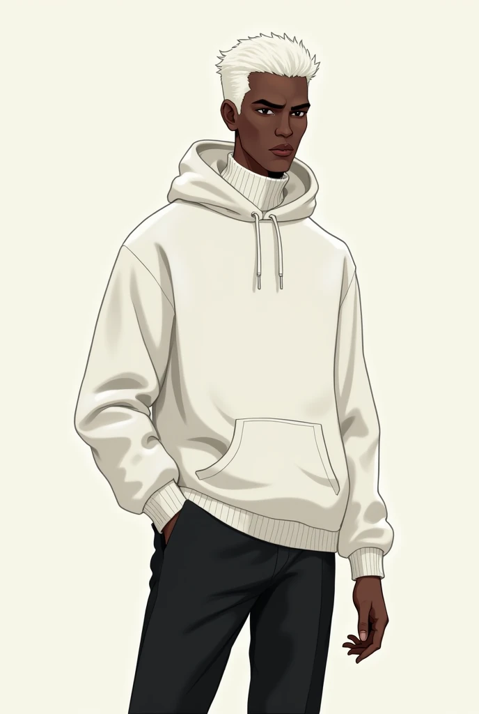 Cartoon illustration of a dark man with a neutral body wearing a white turtleneck hoodie and black pants, white hair, and a snowflake-shaped ring 