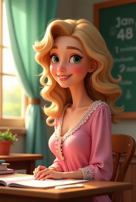 (( best quality )), ((masterpiece)), ( Detailed ), 1 girl, 
 Teacher with a blonde with curly hair and green eyes,  dressed in pink teaching Disneystyle ren