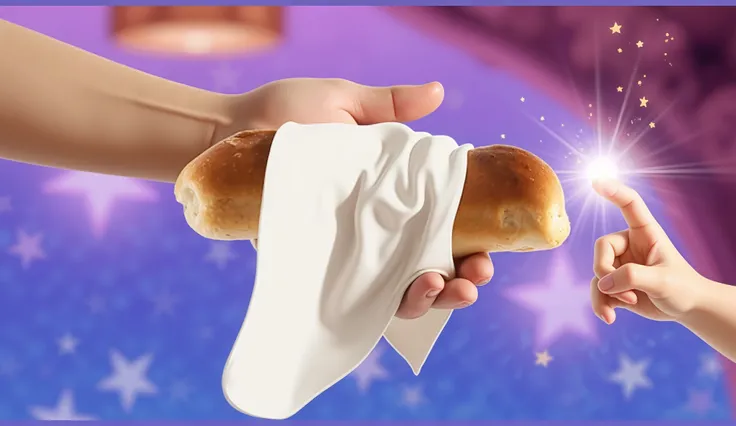 Inspired by the films in the posters and characters of Disney fix in 3D in high resolution and high quality create a close-up image of a hand of a light brown girl of , 12YO, , 12 Y, 12Y, AGE: 12, extending her hand with bread wrapped in a white cloth on t...