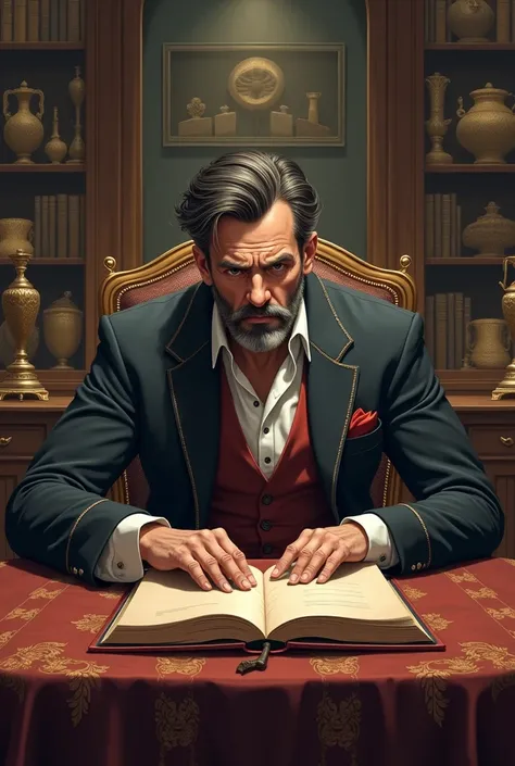 Create illustration image of, Shattered Hopes**: A wealthy collector sits in his opulent office, surrounded by rare artifacts, as he recounts the story of his stolen book. (Mood: frustrated, longing)