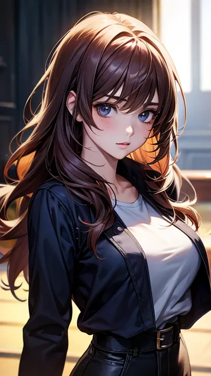 a cool anime 18 years old girl in casual outfit, cute, long wavy hair, beautiful detailed face, adorable girl, 3:4 body looks, perfect body ratio, front view, look at the camera, perfect background, (best quality,4k,8k,highres,masterpiece:1.2),ultra-detail...