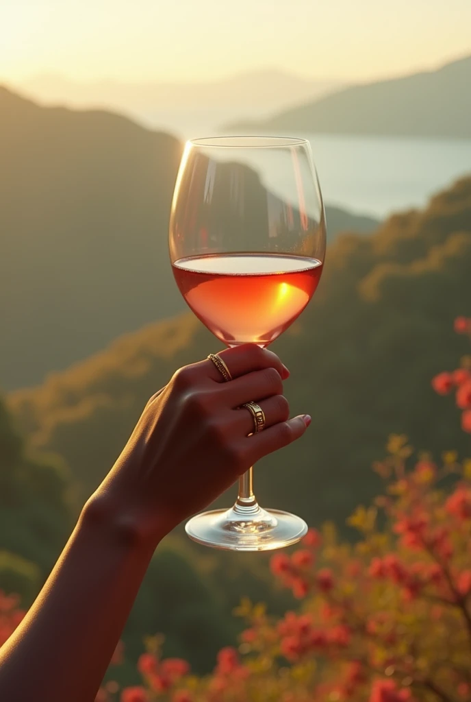  realistic full HD image of a womans hand whose color is brown, king, holding a wine glass with a landscape in the background 