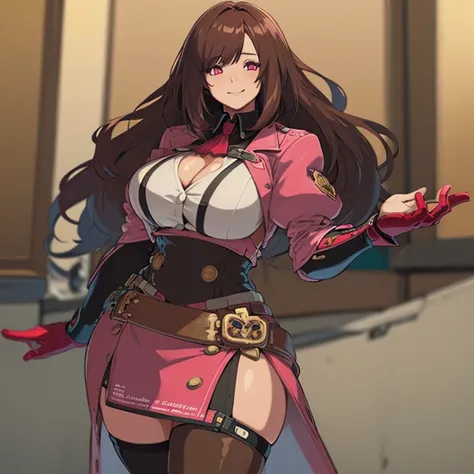 High detailed, 1 girl, solo, Brown colored hair, brown hair, pink eyes,  busty, firm chunky body, burgundy shirt, , deep cleavage, Juliet sleeves, pencil skirt, black thighhighs, red gloves, Waist chains, smilling 