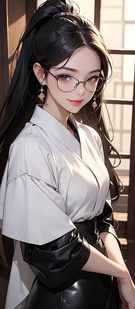 ((masterpiece)), (( top quality)), ( portrait of a beautiful girl),  perfectly detailed eyes ,  perfectly detailed face,  super detailed nose,  Japanese、 model body type、 Female Adult、 long leather skirt 、Ascending stairs、suit、 sexy smile、Glasses、 Ponytail