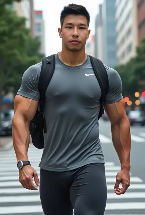 ((, a Korean man wearing a grey Nike sports shirt)) , (((Big arm muscles,  tight breasts ,  Muscle Bundle, ))), (((Black backpack next to it))), (((Men with short hair))), (((, big muscles, big torso))), (((Seductive fit body ))), ((Short Hairstyle))), (( ...