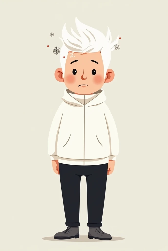 Cartoon illustration of a dull man with a neutral body wearing a white turtleneck hoodie and black pants, white hair with a snowflake-shaped ring, white skin