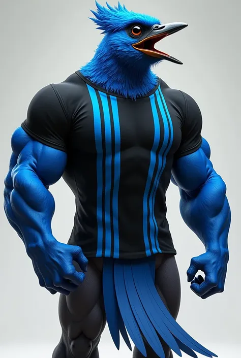 Muscular bluebird , with black t-shirt and vertical blue stripes