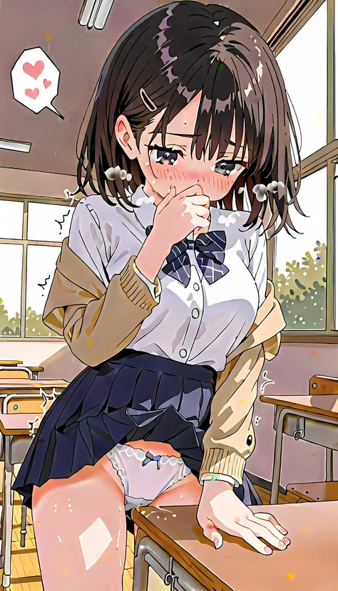 (masterpiece,beautiful,hughres,CG,8k,16k,best quality,high-resolution,detailed fingers,detailed hands,detailed legs,detailed eyes:1.5),panties focus,1girl,Alone,(classroom,school,School desk:1.5),(school uniform, black hair,white shirt,blazer,ribbon,black ...