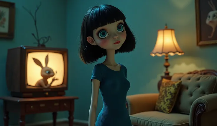 A whimsical scene in Tim Burtons signature cinematic style. Lucilla, a young Italian woman with shoulder-length jet-black hair and soft bangs, wears a simple, knee-length deep-blue dress with no patterns or logos. Her large, expressive azure blue eyes shin...