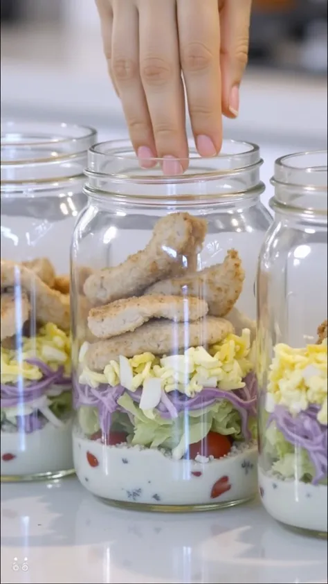 putting fried chicken meat in jar with salad