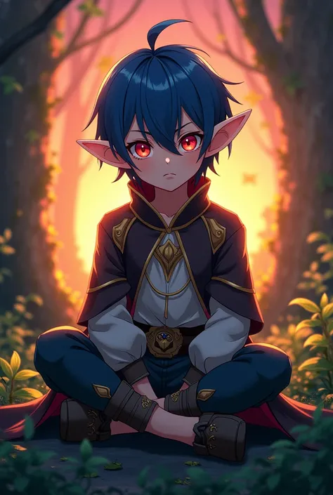 anime-style, a young {{elf}} boy, with medium-length blue hair, narrow crimson almond eyes, sitting, in a forest, sunset, vivid colors. Mysterious and cunning smile. Wears a fantasy costume.