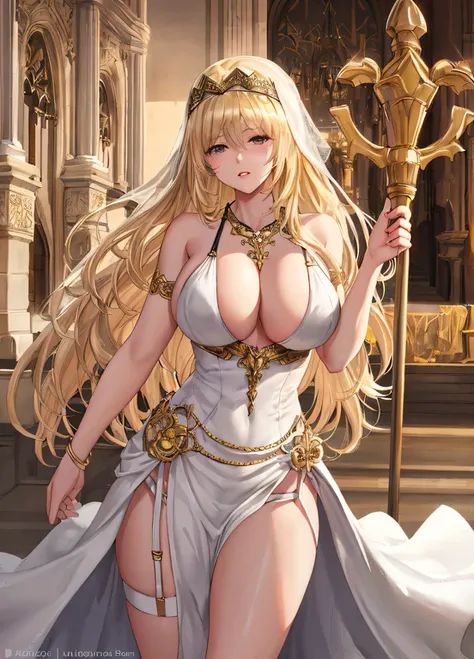 close-up, (Important Notice:1.6), detailed background, (indoors, church, assembly hall), 1girl, parted lips, (breast curtains), (covered breasts), big breasts, nice breasts, (breast curtains), areola slip, breasts focus, nice hips, blonde hair, white dress...