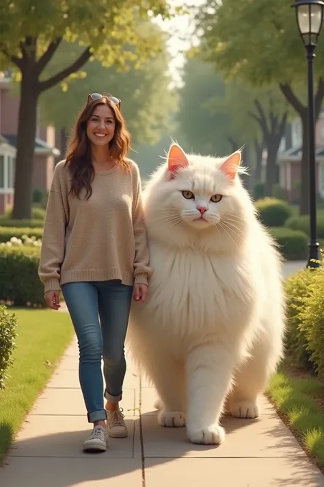 Im a woman in casual clothes walking with a very large Angora cat