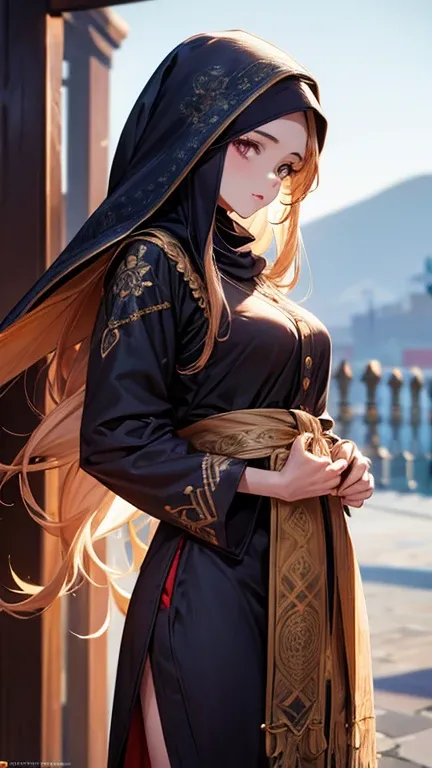 a cool anime 18 years old girl in muslim syari outfit, wearing hijab, cute, long wavy hair, beautiful detailed face, adorable girl, 3:4 body looks, perfect body ratio, front view, look at the camera, perfect background, (best quality,4k,8k,highres,masterpi...