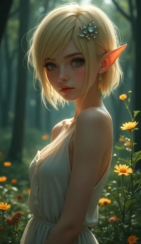 (best quality, masterpiece), (intricate details), unity 8k wallpaper, ultra detailed, beautiful and aesthetic, (photorealistic:1.4), (1girl), green eyes, blonde, hair ornament, short hair, blush, dynamic pose, dynamic angle, lipstick, slim, slim body, very...