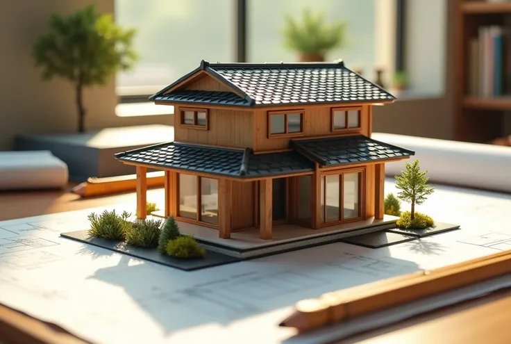 Photorealistic depiction of a realistic suburban Japanese house model placed on an architects desk. The house is designed with two stories, featuring a tiled roof, sliding wooden doors, and modern Japanese elements such as a small, neatly landscaped garden...