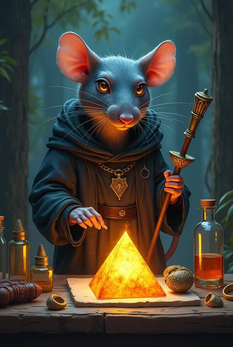 Rat catcher .  Humanized rat. table.  There is a glowing pyramid on the table,  cold weapons , Scrolls, potions, rings.