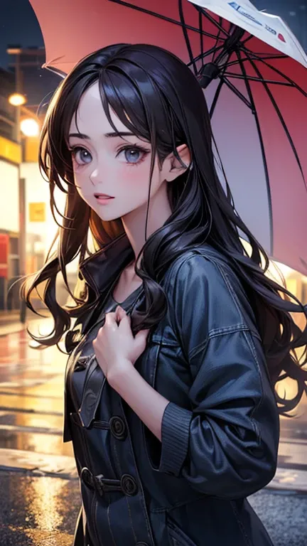 a cool anime 18 years old girl in raincoat, rainy, road background, cute, beautiful detailed face, long wavy hair, perfect body ratio, adorable girl, 3:4 body looks, front view, look at the camera, perfect background, (best quality,4k,8k,highres,masterpiec...