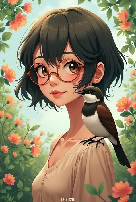 Anime style woman with short wavy hair who wears aviator lenses and almond-shaped eyes and has on her shoulder a Patagonian thrush with a white breast and a dark brown body with a background of flowers and lots of green