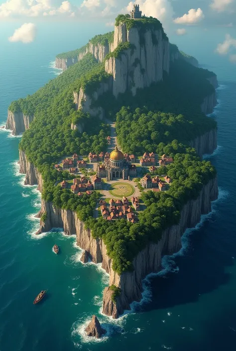  I want a map of an island with cliffs surrounding the entire coast .  Then there will be several kilometers of dense jungle and right in the center of the island a city with a few medium-sized buildings,  including a coliseum and a tavern as well as many ...