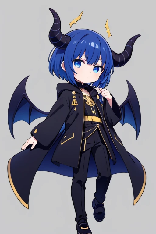 Simple, background, cel shading, anime style, fullbody.

1 boy, solo, teenager,sixteen years old, 1.65 meters heigh , fantasy, short dark blue hair, blue eyes, dark blue demon horns, a pair of a black bat like wings, fantasy elegant black, blue and gold cl...