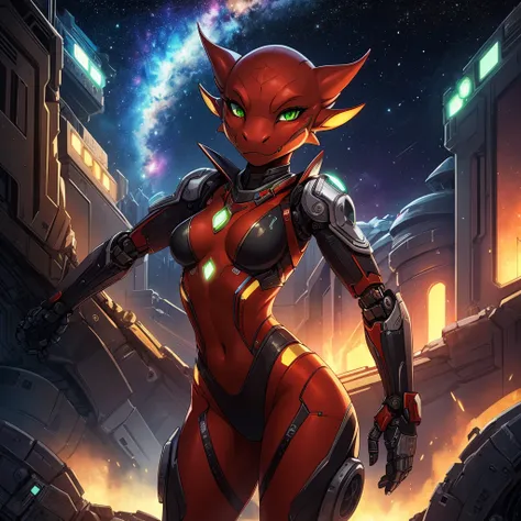 single solo female, furry, metallic, dull red , green eyes, robotic, anthro, kobold, short, small breasts, thin petite body,  facing viewer, sultry sexy look, science fiction, galaxy, stars, high quality, masterpiece, dark lighting,
