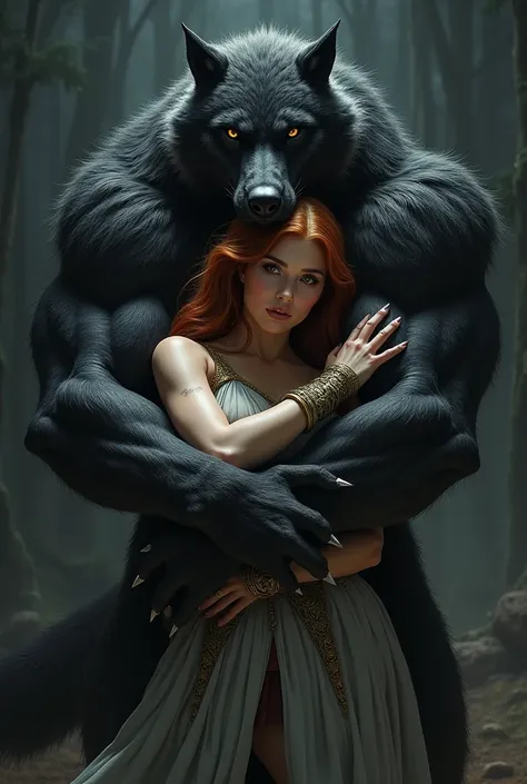 42-year-old white-skinned warrior queen, red-orange, smooth hair carried in the arms of a very strong and huge black-black werewolf warrior. 