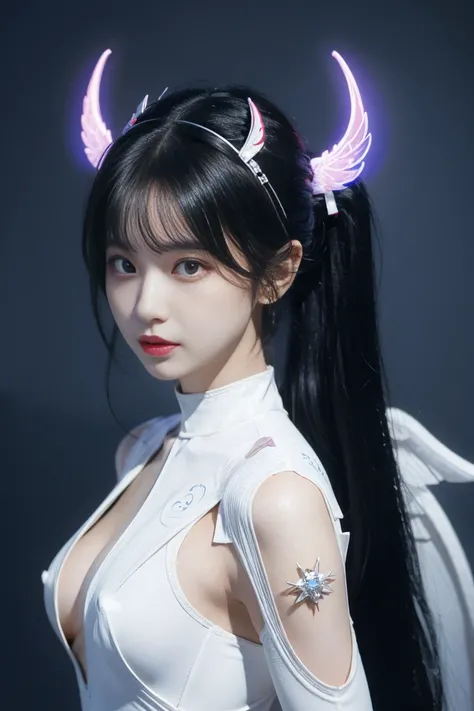 (masterpiece), ( top quality ), ( more), light layer,  Glowing Skin , (intricate  more ,  tight clothes, , Devil Wings,headdress :1.2), From above,  black hair, Black Choker ,  long hair, Hime cut,  multicolor wig  , bang, Side hair,  red eyes, Holding a S...