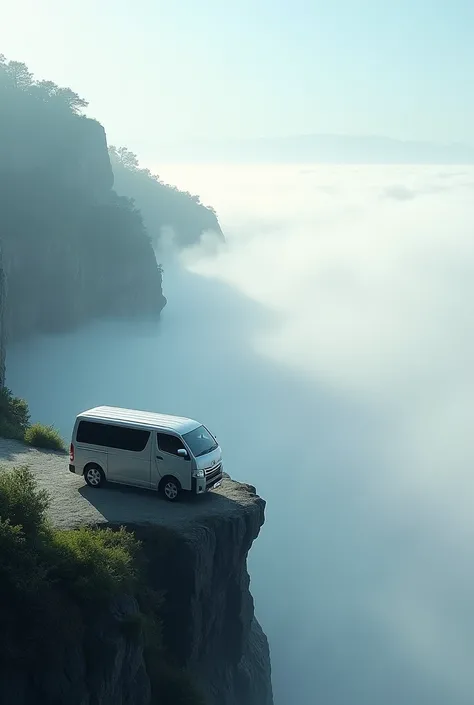 2024 toyota commuter van parked by a cliff with a sea of morning fog, with a message :happy New year: