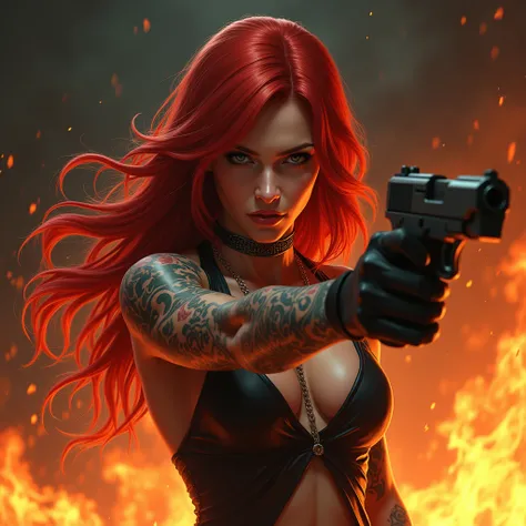 girl with long red hair, with tattoo, with gun, like a mafia boss against fire background