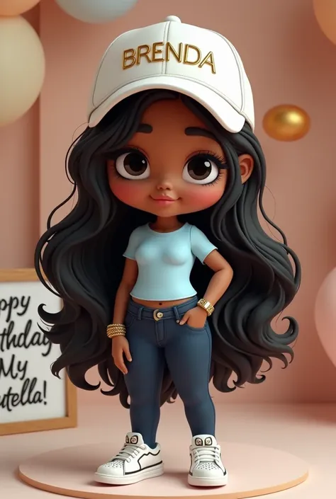 3D rendering of a chibi style female character, Tiffany is a dark skinned, curvy Latina with long black hair. She wears a white cap with her name BRENDA inscribed in metallic gold. She is dressed in the latest fashion, with a light blue t-shirt, dark blue ...