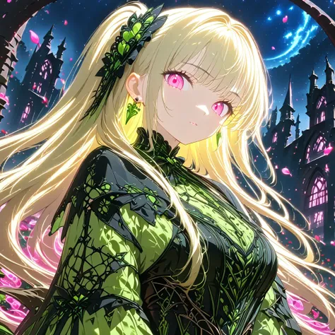 1girl,Blonde long hair,green fantasy gothic cute style,Pink Eyes,earings,slim,anime,night,chiaroscuro,cinematic lighting,large quantity green of petals,night,dark fantasy,graveyard background,masterpiece,best quality,ultra detailed,8k portrait,unity 8k wal...