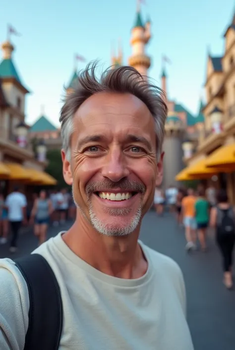 A 50-year-old man, with brown hair, The man wears a light-colored sweatshirt, (in Disneyland), taking a selfie, olhos verdes, olhos azuis, light smile, light brown hair, (hyperrealistic), light smile, Realism, Canon, Nikon, 85mm, pov, multiple views, first...