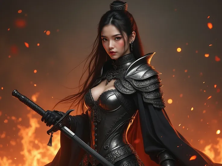  high resolution.  accurate hands . realistic face. Navel piercing, sexy silver, European armor .  thigh band stockings .  deep black panties . Black Chalk Long Sword, hold it in your hand, from head to cheek.  burning background . Arrogant expression .  b...