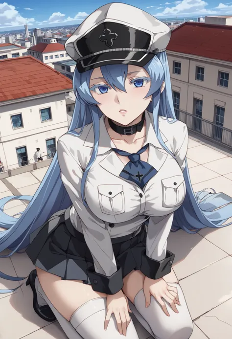 esdeath, blue eyes, blue hair, long hair, BIG BREASTS, eyelashes, red face, Kneel, looking up at viewers on the roof floor of the ,((white shirt with collar、 Long Sleeve 、 navy blue tie 、 navy pleated mini skirt)),((white_Thigh length)),Collapsed building、...