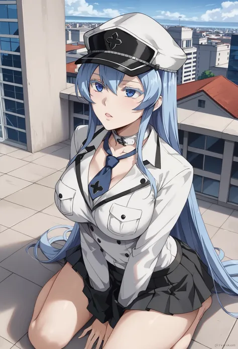 esdeath, blue eyes, blue hair, long hair, BIG BREASTS, eyelashes, red face, Kneel, looking up at viewers on the roof floor of the ,((white shirt with collar、 Long Sleeve 、 navy blue tie 、 navy pleated mini skirt)),((white_Thigh length)),Collapsed building、...