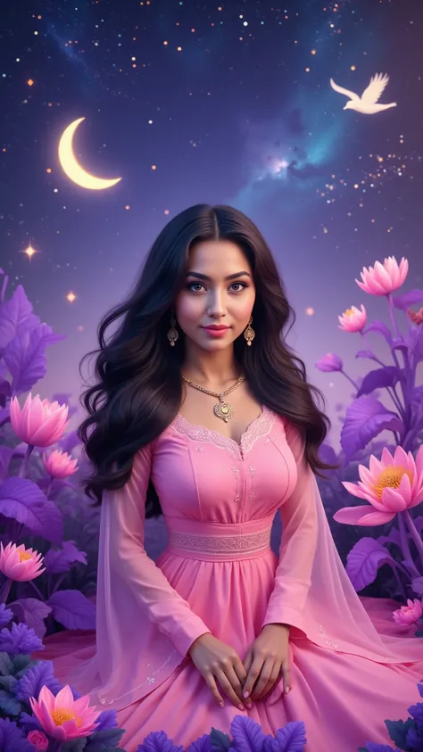 Create a dreamy, hyper-realistic UHD 8k image of an Arabian woman with brunette Iraqi skin. She should be depicted in a surreal dreamland filled with stars and birds, wearing exquisite traditional clothing that is modest and fully covering. The scene shoul...