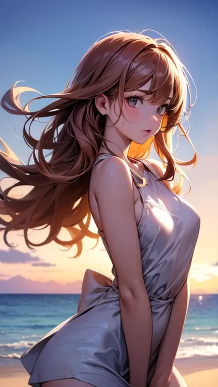 a cool anime 18 years old girl in beach outfit, beach background, cute, beautiful detailed face, long wavy hair, perfect body ratio, adorable girl, 3:4 body looks, front view, look at the camera, perfect background, (best quality,4k,8k,highres,masterpiece:...