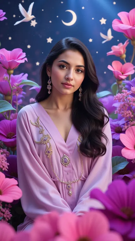 Create a dreamy, hyper-realistic UHD 8k image of an Arabian woman with brunette Iraqi skin. She should be depicted in a surreal dreamland filled with stars and birds, wearing exquisite traditional clothing that is modest and fully covering. The scene shoul...