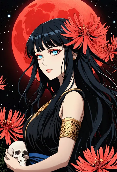 (high-quality, breathtaking),(expressive eyes, perfect face) 1girl, girl, solo, adult, black color hair, glowing hair, constellations on skin, stars in hair, long black dress, sleeveless, armband on left arm, white coloured eyes, byakugan eyes, stylised ha...