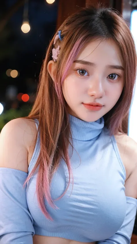 Gorgeus Girl, Beautiful, Baby Face, 20 Years Old, White Skin, Crop Turtleneck Top, Mini Shirt, Blue Eye, Muscles, Bokeh, Indonesian Culture Background, Masterpiece, Portrait, Straight Pink Hair, Perfect Lighting, HDR, ((Breast_lift), Full body, Looking at ...