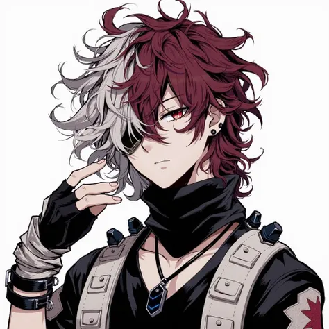 Screenshot of Boku no hero academia some comics about the character of a boy/man red wine colored hair, wavy, messy and long, with silver locks slanted light wine eyes, his left eye is covered by his hair, confident look and proud. Wears black clothes with...